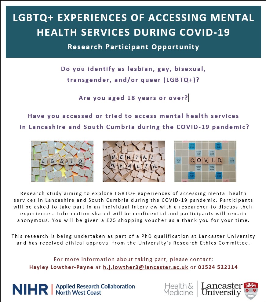 hlowtherpayne's tweet photo. looking for participants for my PhD study on experiences of LGBTQ+ people who accessed or tried to access mental health services in Lancashire and South Cumbria during COVID-19

#LGBTQ #mentalhealth #access #COVID19 https://t.co/h6MdgRVaTz