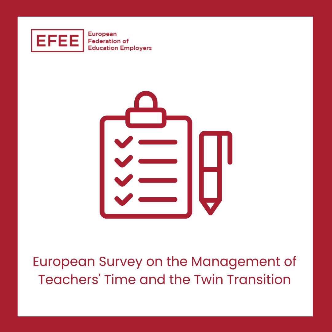 EFEE_EU's tweet image. EFEE is proud to announce the launch of our survey for the &quot;Effective School Management in the Twin Transition&quot; project! Aimed at mapping the best #practices in teachers&apos; time management, the survey is also an opportunity to learn more about the #Digital and #Green Transition👩‍🏫👨‍🏫