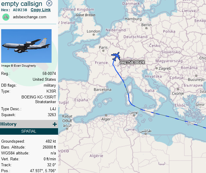 SirListenalot's tweet image. #KC135 #AE0238 as #BLUE11 en route Al Udeid - Spangdahlem, likely with two "TX" #F16's from Prince Sultan, KSA