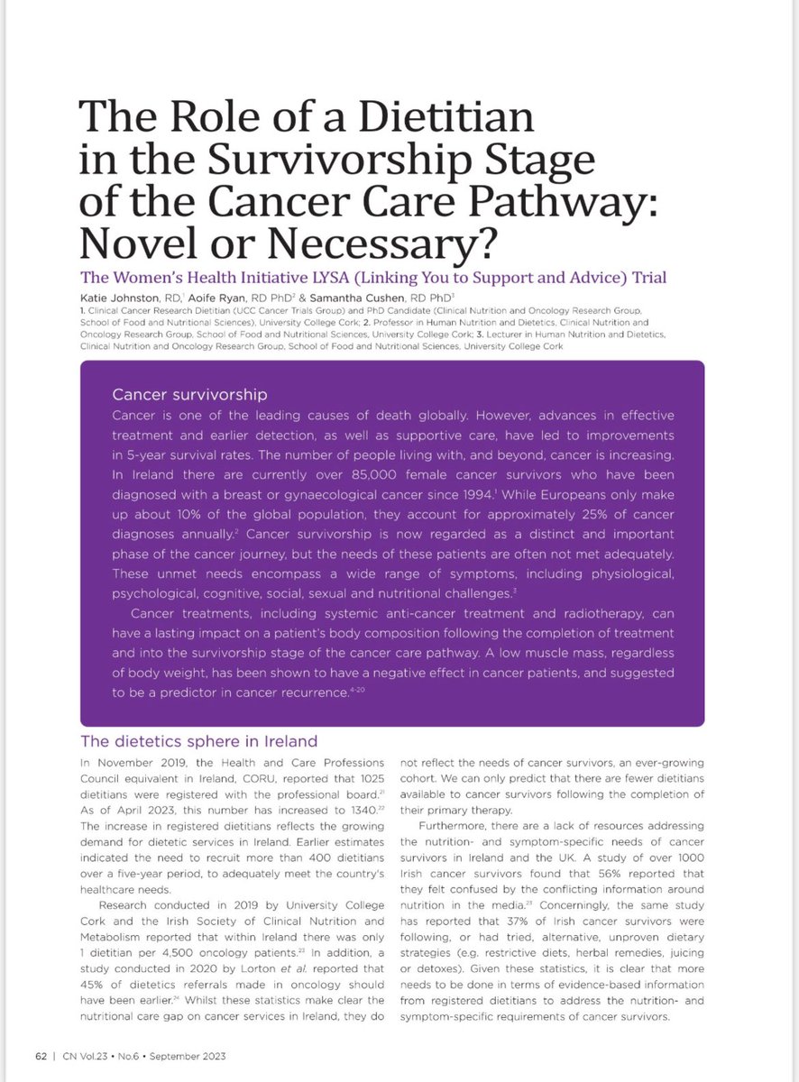 Katie_J80's tweet photo. Delighted to see our article on the  @IrishCancerSoc @BreakthroCancer Women’s Health Initiative LYSA Trial featured in September’s edition of @CNmagazines. We hope it gives an insight into the role of a dietitian in cancer survivorship! https://t.co/YexbWaA64B