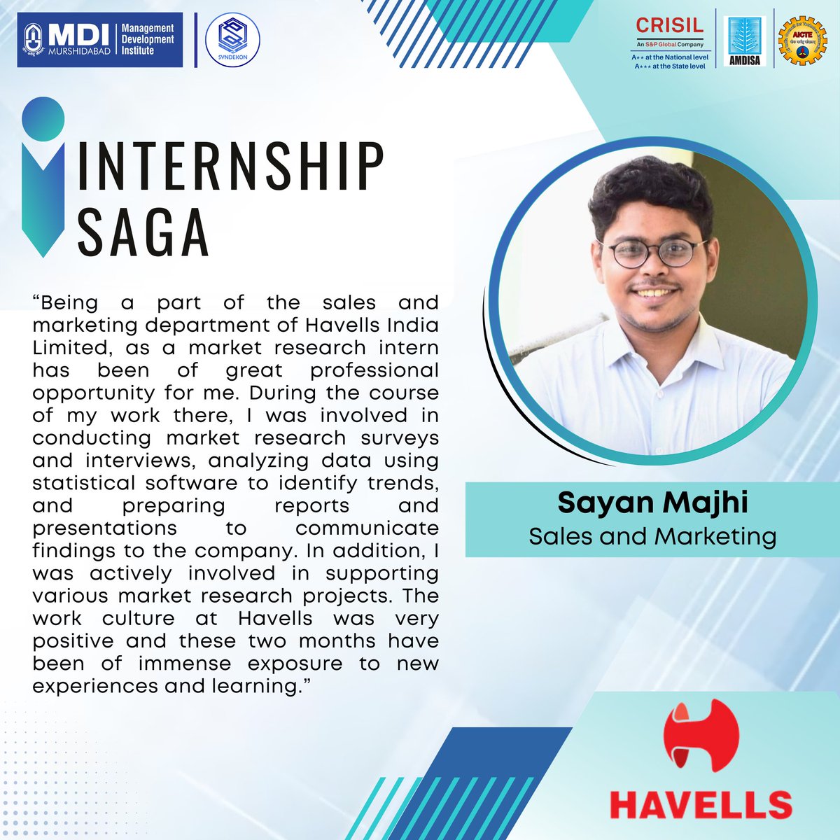 MDIM_Official's tweet image. Here are Divyanshi Pandey &amp;amp; Sayan Majhi for the #InternshipSaga series,sharing insights on their summer internship at @havellsindia. #HavellsIndiaLtd, a leading #FMEG Company &amp;amp; a major #powerdistribution equipment manufacturer has a strong global presence.
#MBA #Sales #Marketing