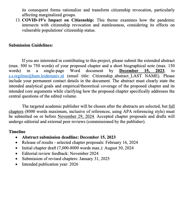 📚 Call for Book Chapter Proposals📚
📚"Belonging Denied: Citizenship Revocation and Statelessness as Human Rights Deprivation"📚
🚀 The United Nations High Commissioner for Refugees (UNHCR, 2020) reported that there are at least 10 million stateless persons in the world. Why