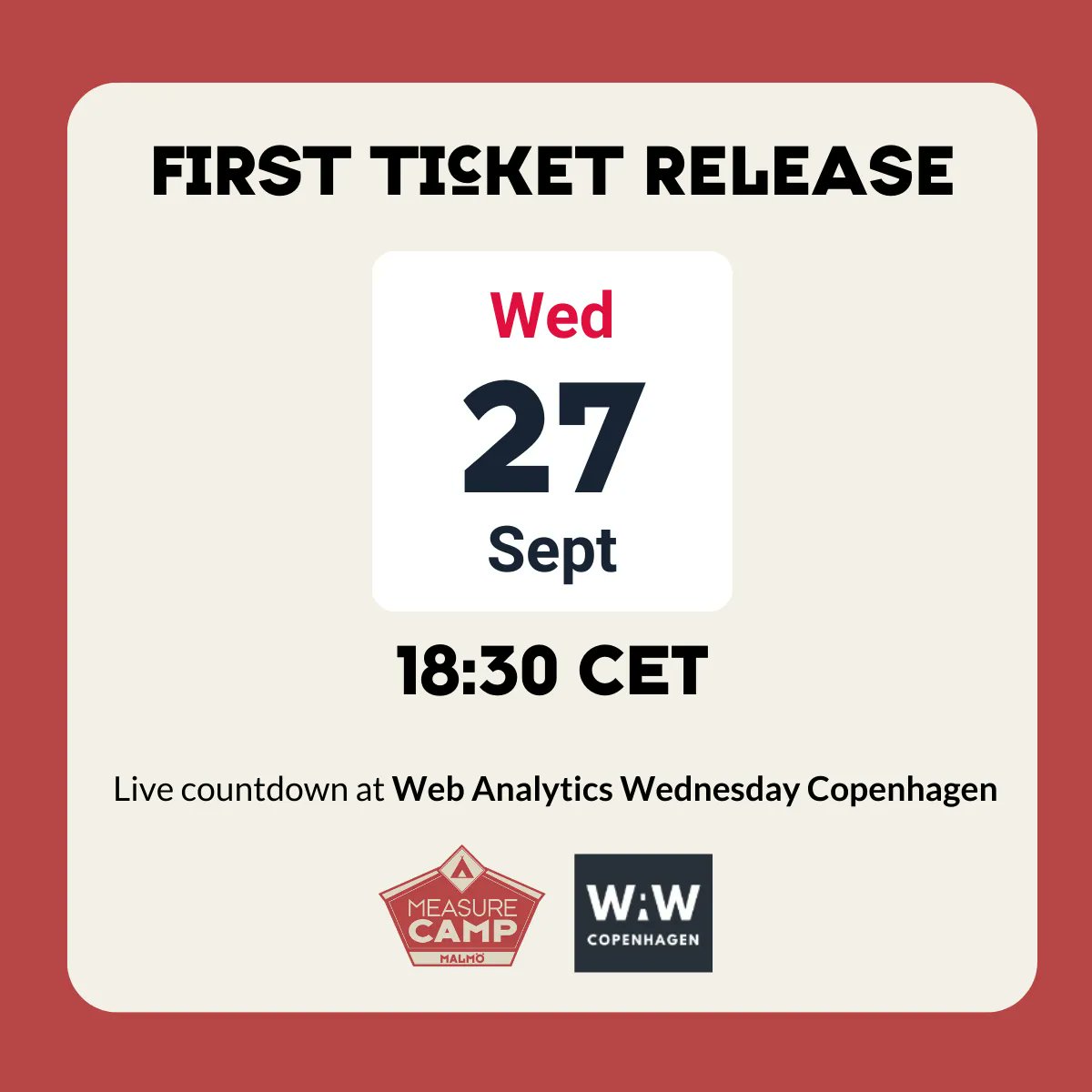 MeasureCampMMX's tweet photo. Get ready for the MeasureCamp Malmö ticket drop on 27 Sept at 18:30 CET. We'll have a live countdown to 18:30 at WAWCPH. If you want to join in on the excitement, make sure to snag your tickets to WAW here https://t.co/EU7K3LRjp4 
#MeasureCampMalmo #MCMalmo24 #WAWCPH #MeasureCamp https://t.co/rZbnZeyta0