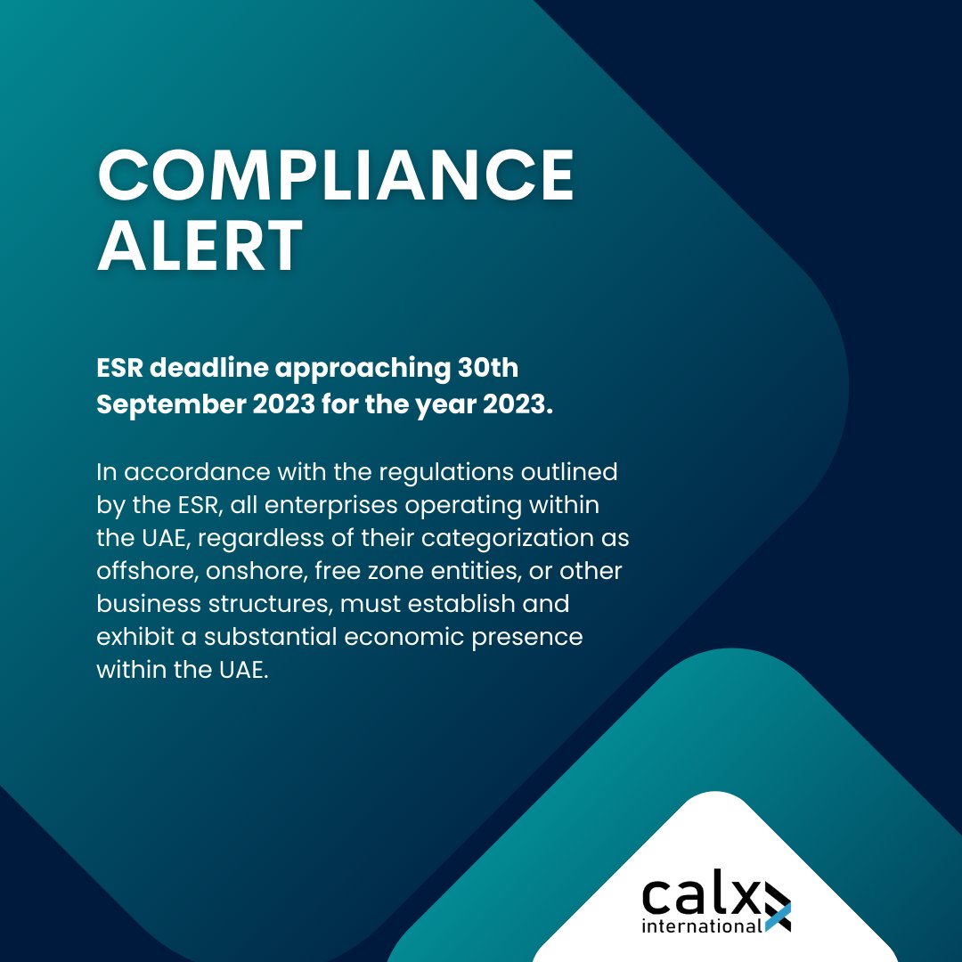 CalxAdvisors's tweet photo. The deadline for ESR compliance is set for September 30, 2023. Failing to adhere to these regulations could result in substantial penalties, potentially reaching up to AED 400,000. It's crucial to ensure compliance to avoid these significant financial consequences. https://t.co/ifLIAoQptw