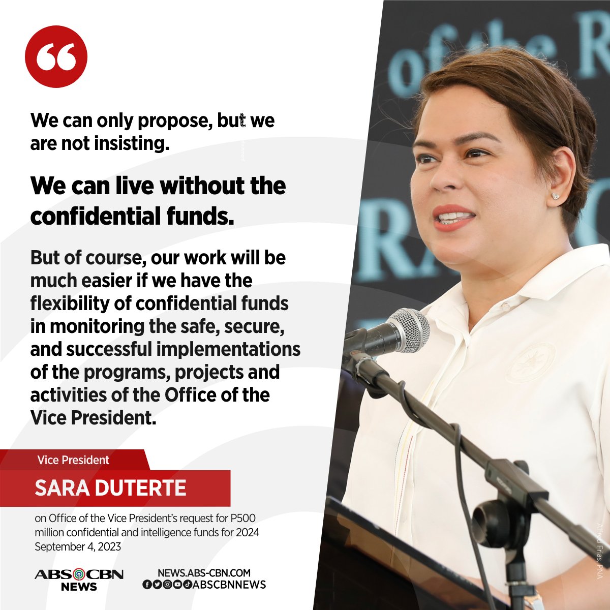 ANCALERTS's tweet photo. 'WE ARE NOT INSISTING.' 

Vice President Sara Duterte said that the proposed P500-million confidential funds aims to provide better implementation of programs and projects of the OVP. 

Related story: https://t.co/R0us0OinDF https://t.co/YvbA1T59Ak