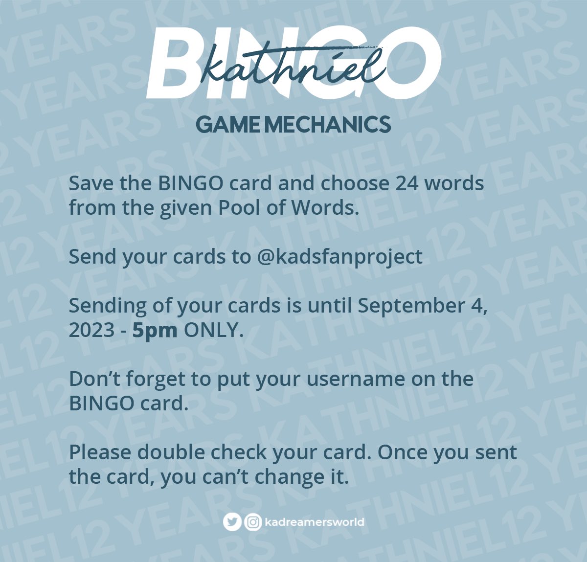 Good news! 
We are extending the deadline of your bingo card entries until 5PM today! 🥳

Make sure to attend our bingo night later at 8PM, KathNiels! 💙

KATHNIEL12 PREMIERYEARS
#12YearsOfKathNiel