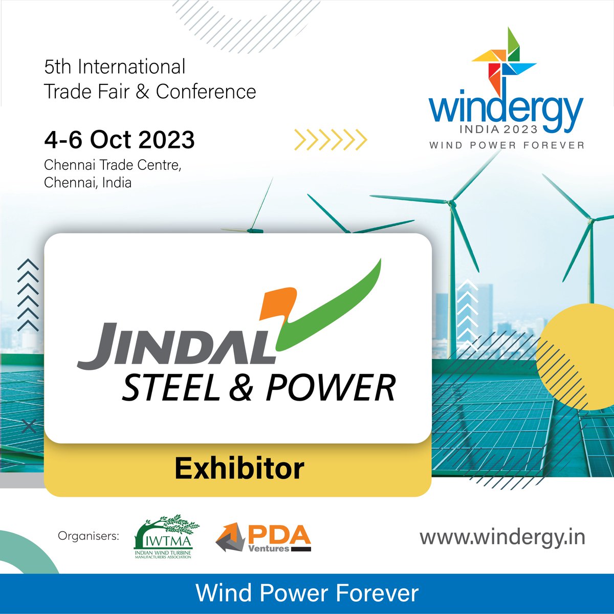 Windergy India 2023 welcomes Jindal Steel & Power as an exhibitor!  

Jindal Steel & Power produces an entire range of long and flat steel products that is used in the wind energy segment.

#JindalSteel  #JSP #SteelPowerNation #SelfReliantIndia #SteelAndPower #Windergy2023