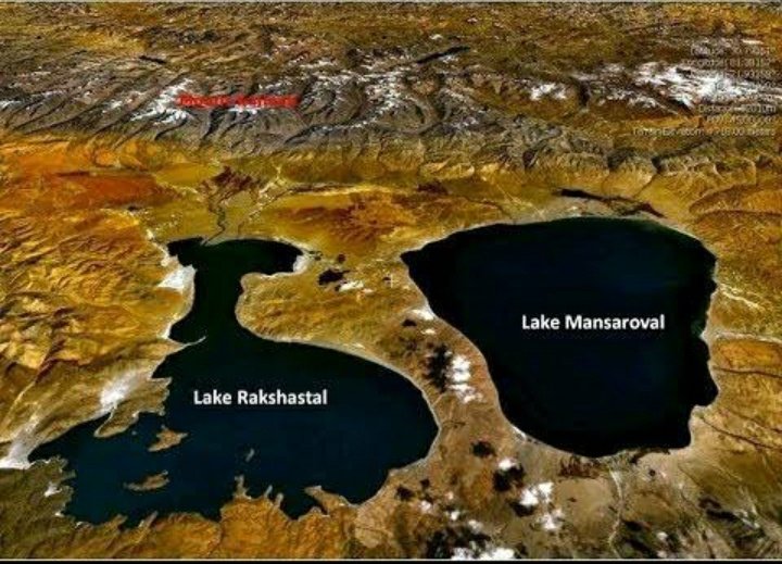 Satellite view of the two mysterious lakes of Kailash (where we can find fresh and salt water lakes together) which represent solar and lunar forces i.e. good and bad energies respectively.