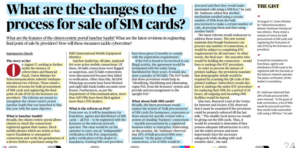 'What are the changes to the process for Sale of SIM cards?
: Details

#SIMcards #BulkProcurement #SIMbox #IMEI #KYC #Aadhar
#regulations
#CyberCrime #Finance #Fraud
#SancharSaathi 

#UPSC 

Source: TH