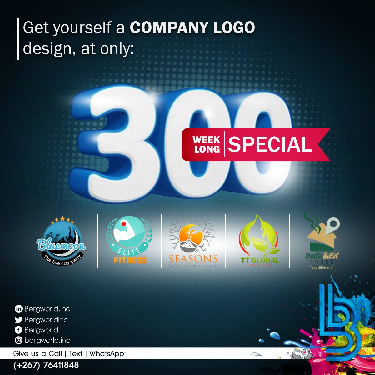 BergworldInc's tweet photo. From today until next week Monday, get yourself a company logo design at only P300. Our WhatsApp is (+267) 76411848.
#PushaBW
#CompanyLogoDesign
#SupportLocalBW https://t.co/cKGIixJvF5