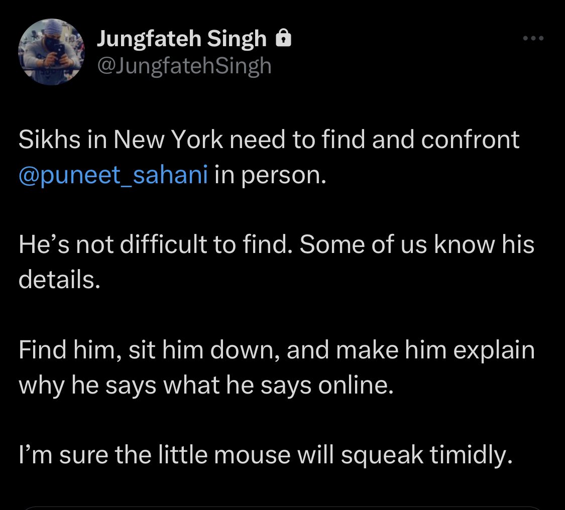 puneet_sahani's tweet photo. Hello @NYPDPC (esp CT dept) &amp; @FBI  (esp NY office):
Hope you’re on top of this as death threats, violations of privacy, stalking hasn’t really stopped since we last spoke.
#Khalistanis as you know well are most dangerous &amp; committed greatest act of aviation #terror prior to 9/11 https://t.co/iqBfpDKaVb