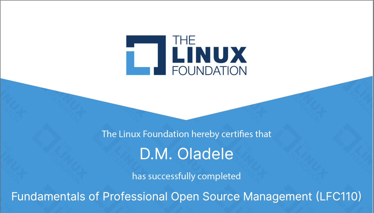 activus_d's tweet photo. I'm glad to have completed the Fundamentals of Professional Open Source Management course (LFC110).
This course introduced me to Open-Source Management, Open-Source Policy, and how management programs are implemented
#openSourceDocumentation #opensource https://t.co/eGxfYDnEle