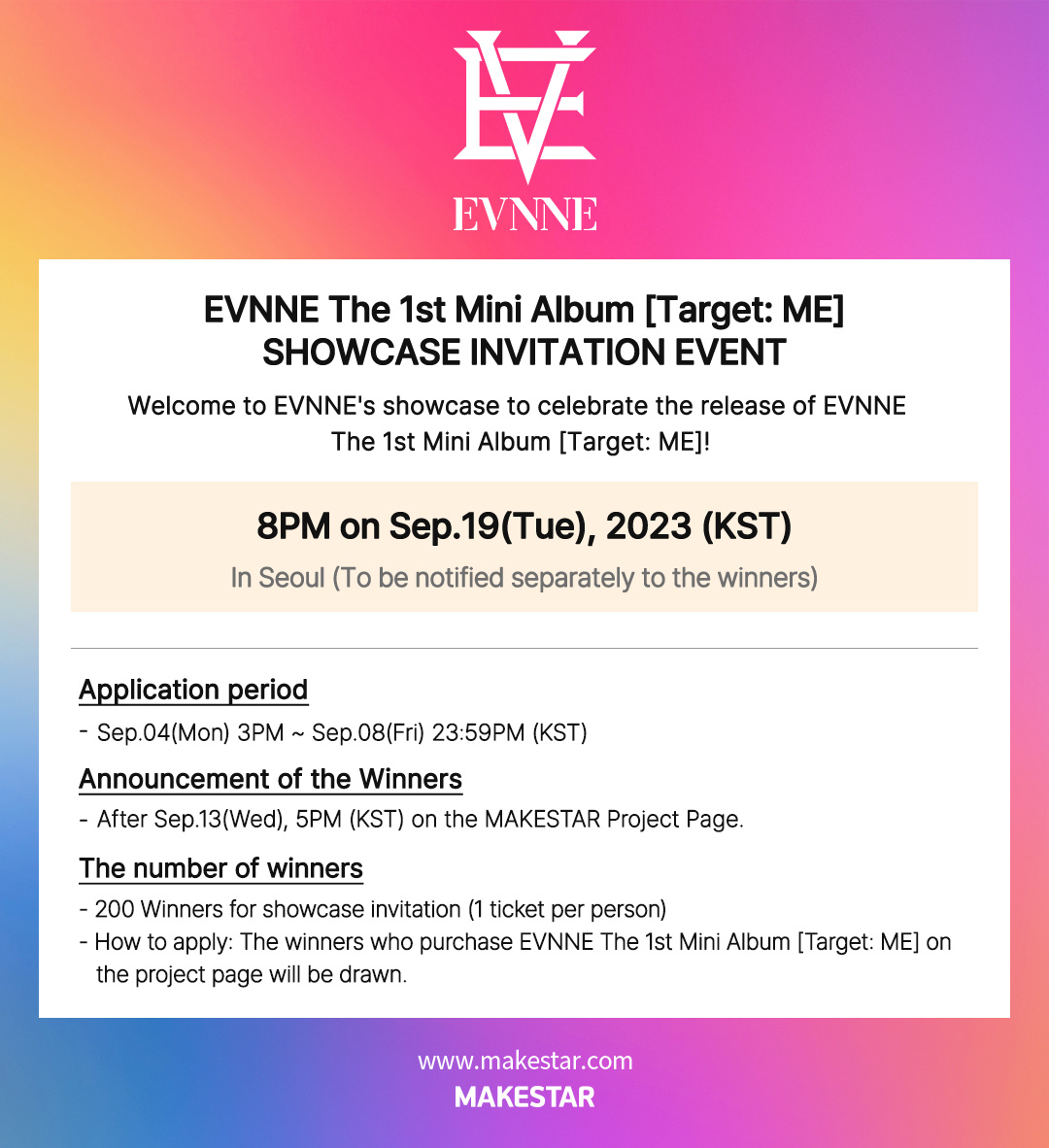#EVNNE The 1st Mini Album [Target: ME] 발매 기념 쇼케이스 초대 이벤트 오픈!

❤️구매자 중 200명 #이븐 쇼케이스 참석권 증정
❤️Showcase Event Ticket for the 200 Winners

📆09.04 3PM ~ 09.08 23:59PM(KST)
🔗bit.ly/3L5bdwA

#Target_ME #케이타 #박한빈 #이정현 #유승언 #지윤서