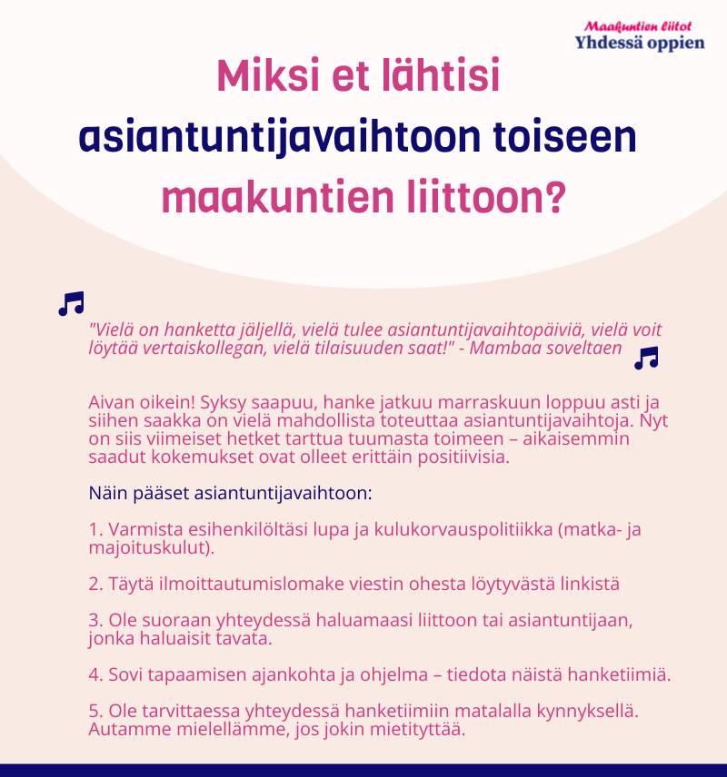 Syksy on saapunut ja asiantuntijavaihdot jatkuvat! Ilmoittaudu mukaan: shorturl.at/txDF5. Maakuntien liittojen välillä on tehty jo kymmeniä vierailuja, joihin on osallistunut reilusti yli 100 asiantuntijaa. Lisätietoja sivuiltamme: shorturl.at/fjyK6 #yhdessäoppien