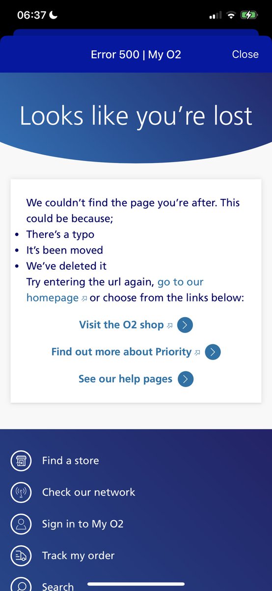 MeganLRogers's tweet photo. @O2 ive been trying to pay my bill via your myO2 app since yesterday. But every time i click on make a payment, it keeps taking me to this page as if the URL is broken with an Error 500 notice. Is your app down? https://t.co/F0Aw4enK7h