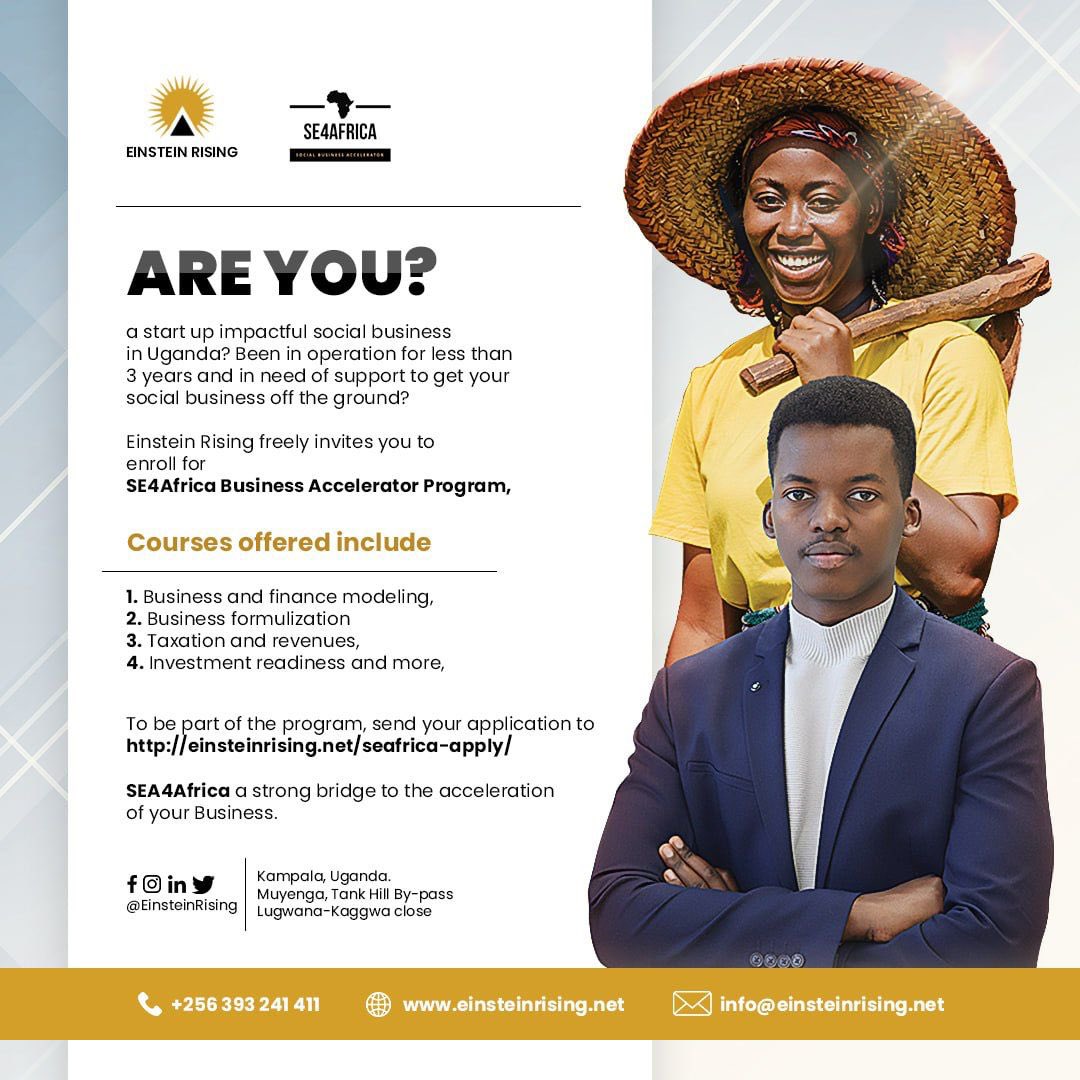 𝘾𝙖𝙡𝙡 𝙁𝙤𝙧 𝘼𝙥𝙥𝙡𝙞𝙘𝙖𝙩𝙞𝙤𝙣𝙨!

Attention all Ugandan startups! 

Is business under 3 years old and you need a boost?
Our #SE4Africa Business Development Program is here to help.

Secure your spot in this year's Closing Cohort. 

Apply now at 👉 einsteinrising.net/seafrica-apply/