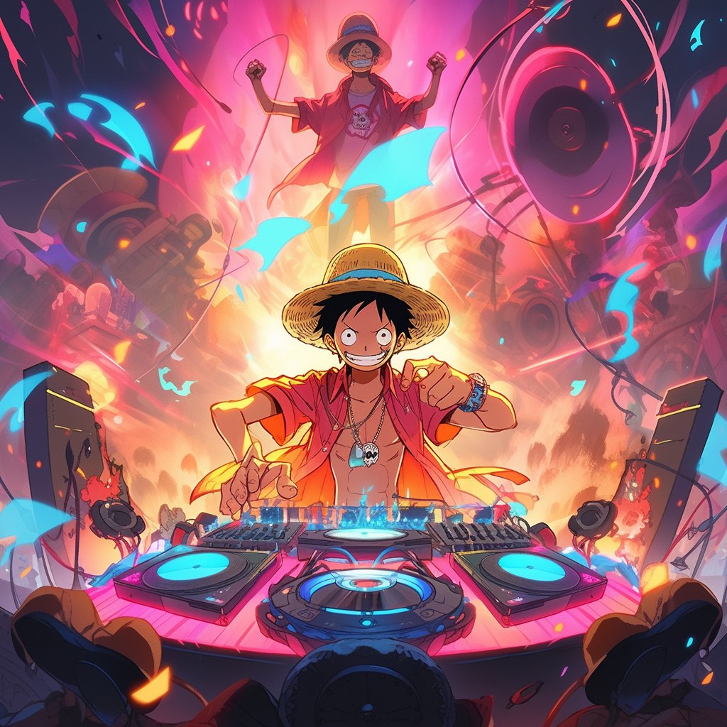 braincreativeai's tweet photo. Luffy as a DJ at a futuristic Burning Man, Luffy floating above a digital deck, holographic screens showcasing his crew dancing #dj #luffy #AI #chatgpt #midjourney https://t.co/8dVtVMXd5e