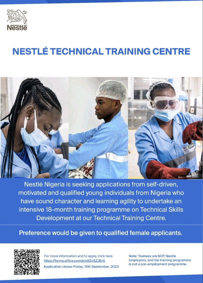 Nestle Technical Training for engineering graduates with preference for young female graduates with an Ordinary National Diploma from any of polytechnics in Nigeria. Location; Agbara factory Use the link below to apply: lnkd.in/dA-rZxP2