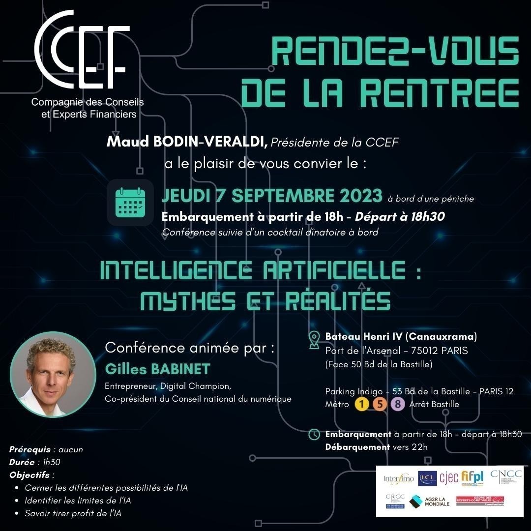 CCEFinanciers's tweet photo. 📢 J-3 avant le RDV de la Rentrée : L’#IA : mythes ou réalités – conférence animée par Gilles BABINET, entrepreneur, digital champion et co-président du Conseil national du numérique. 📆Jeudi 7 septembre ⌚18h30/22h Informations &amp; inscription ▶️ https://t.co/PtFVQX06Yp https://t.co/UjxTWFod82