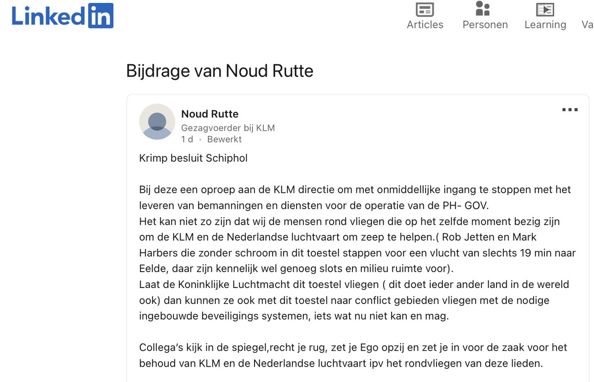 Dus <a href="/MinisterKenE/">Minister KGG</a> en D66-lijsttrekker Rob Jetten, die ons dag in, dag uit bestookt met zijn  klimaatpraatjes, pakt voor een tripje naar Groningen het vliegtuig??? Dank <a href="/KLM/">KLM</a>  gezagvoerder Noud Rutte voor dit onthutsende inkijkje in Jettens hypocriete inborst 🙏 #wegmetdieman