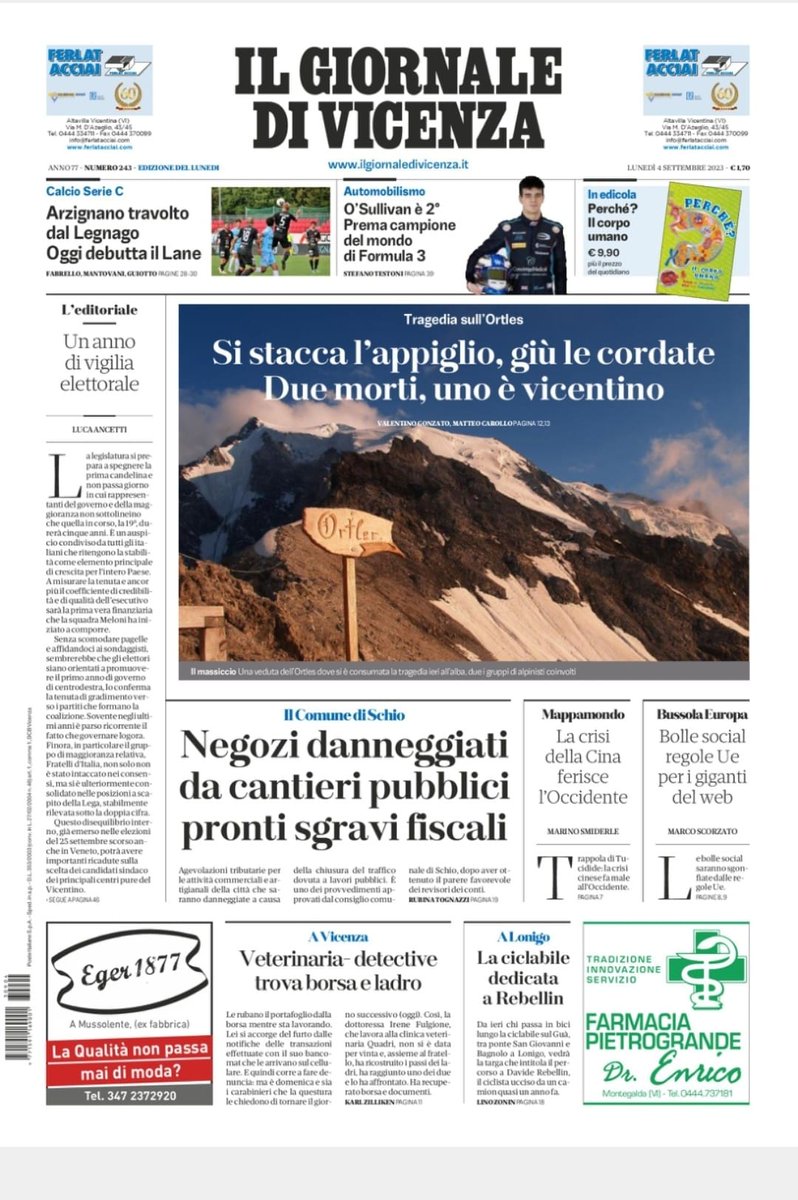 #Buongiorno con la prima pagina de Il Giornale di #Vicenza di oggi ilgiornaledivicenza.it #gdv #ilgiornaledivicenza #primapaginagdv #4settembre #4settembre2023
