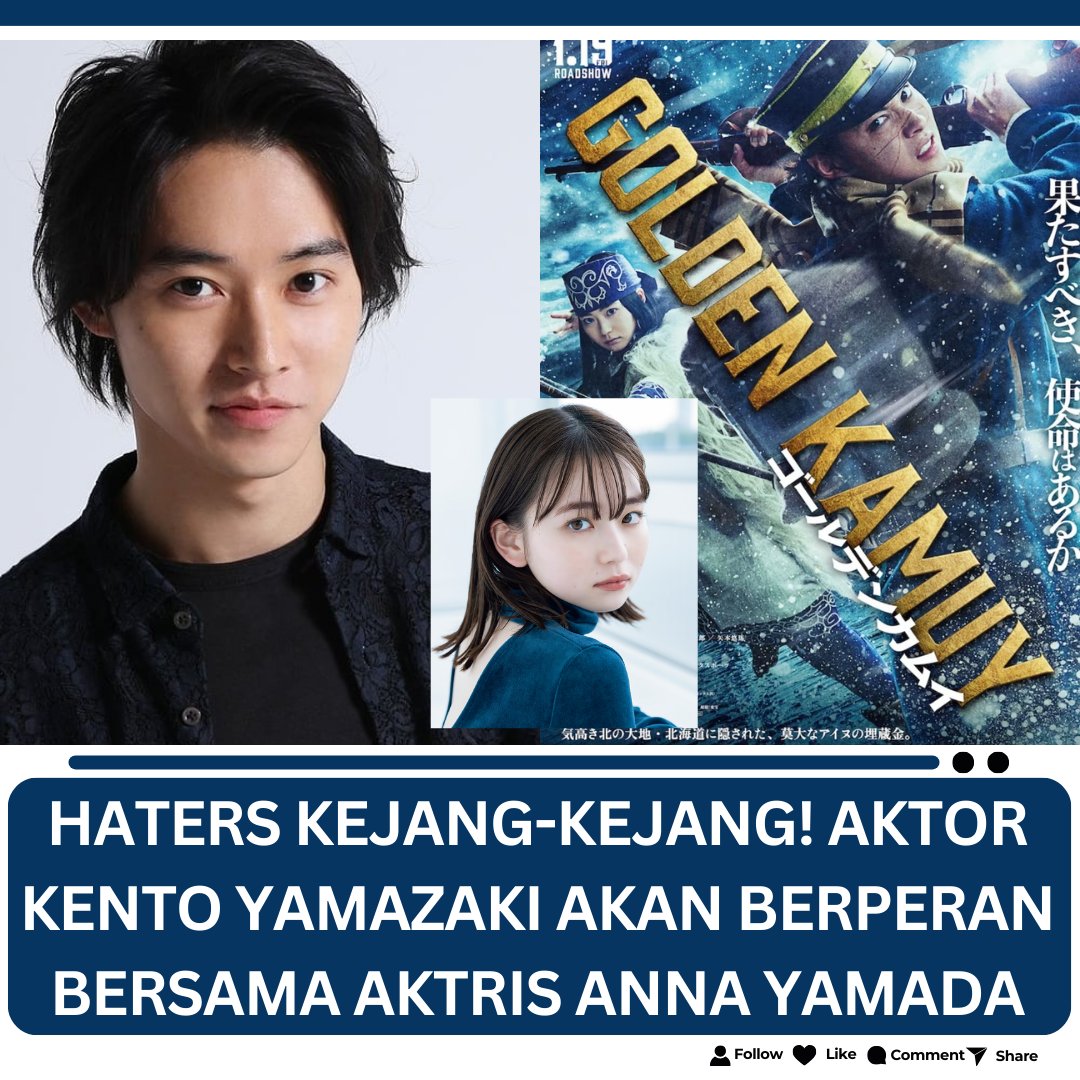 DoramaWibu's tweet photo. Haters Kejang-Kejang Melihat Aktor Kento Yamazaki akan menjadi pemeran utama dalam Film Live Action berjudul "Golden Kamuy" bersama Anna Yamada.

Dirilis pada 19 Januari 2024. Source: Cloverblossoms_ https://t.co/MM2M1nkehy