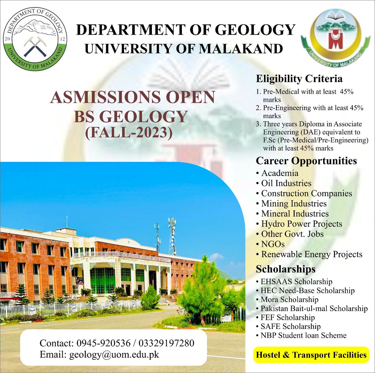 Admissions 2023-24 @UniversityofMalakand
@UOM_LowerDir_KP 
BS Geology(4-Years)
Closing date: September 26, 2023
Link for online Apply👇
uom.edu.pk
#admissionsopen2023
#geology
#geologist
#DepartmentofGeology
#UniversityofMalakand