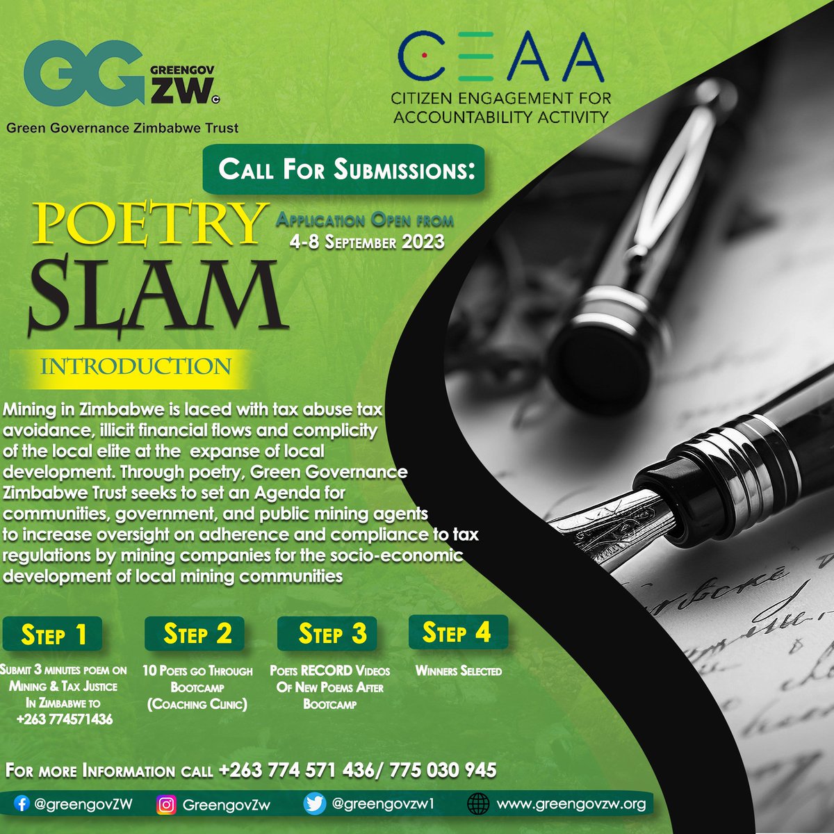 Call for Submissions.. The Youth Mining & Tax Justice Poetry Slam is BACK! Deadline: 08 September 2023 Submit 3 minute poem (video/audio) on Mining and Tax Justice in Zimbabwe to +263 774 571 436 to enter! @CEAAZim @kubatana @TheFeedZW @mukasiri @SavannaTrust @ZIMCODD1