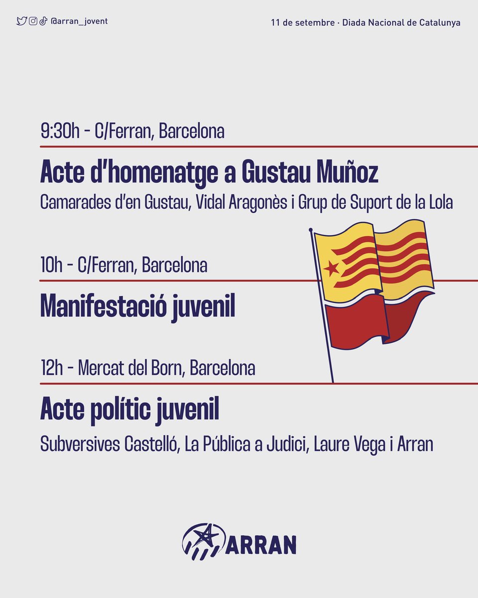 ✴️ Guanyem la història, fem fora el feixisme

👥👉🏽 Aquest #11setembre vine a la manifestació juvenil d’Arran i a 🌹 l’acte d’homenatge a Gustau Muñoz

🔥✊🏽 Combatem l’extrema dreta per guanyar uns Països Catalans lliures, socialistes i feministes!