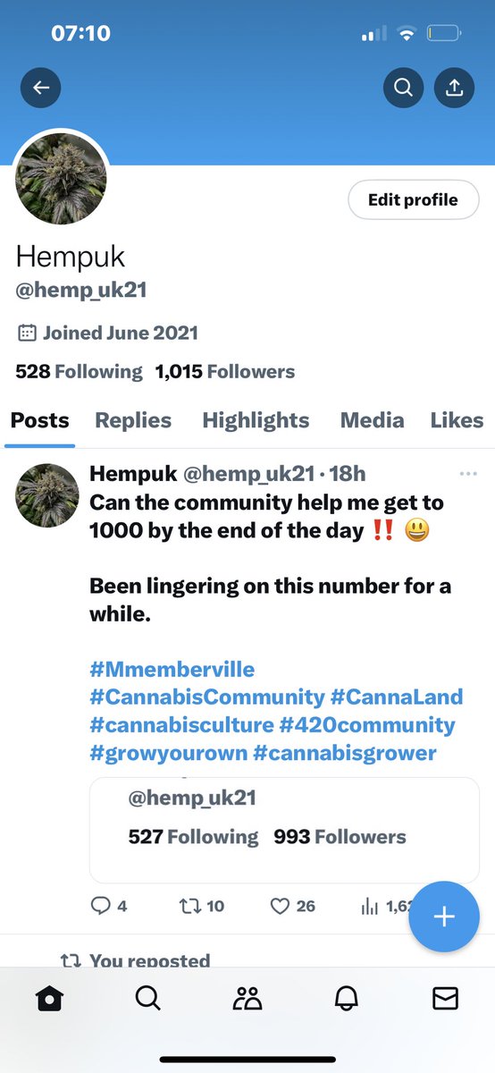Thanks community for getting me into those 1000s. I appreciate each and everyone. Onwards and upwards 💨 💨 🌱 🌱 #Mmemberville #CannabisCommunity #CannaLand #cannabisculture #420community #growyourown #cannabisgrower