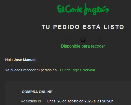 ubriqui's tweet photo. Me encanta el servicio de venta online de @elcorteingles . Compra realizada el pasado lunes, recibo este correo el viernes y paso a recogerlo, me dicen que no lo tienen. https://t.co/0yzdX6D1Fq