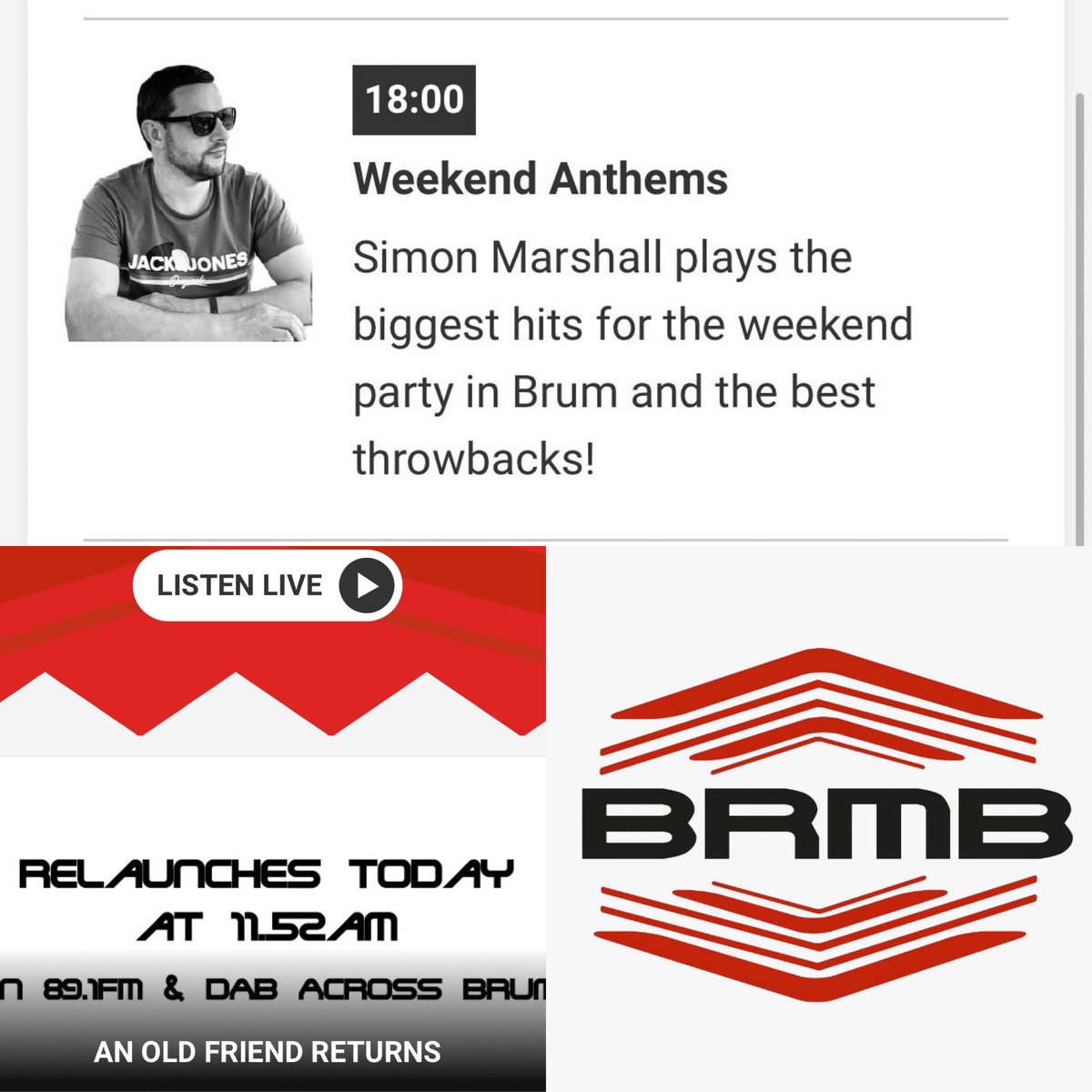 SimonMarshallDJ's tweet photo. Good luck to everyone involved in the #relaunch of #brmbradio #birmingham today which goes live at 11:52am today! I’ll be getting Birminghams Weekend kickstarted every Friday #weekendanthems #radio https://t.co/gXpvq5nd5E
