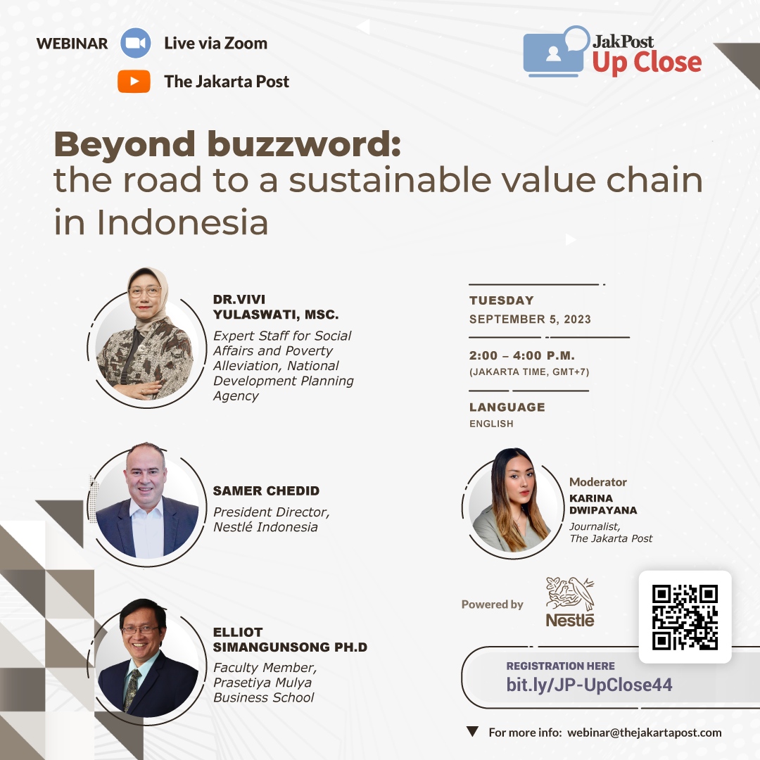 jakpost's tweet photo. Join us for "Beyond buzzword: the road to a sustainable value chain in Indonesia" where we assess what can be done collectively to accelerate Indonesia's sustainable development towards net zero target set for 2060.

📍 Register now at https://t.co/AhajqSb0hP .

#JakPostUpClose https://t.co/6VNAZU5WbE