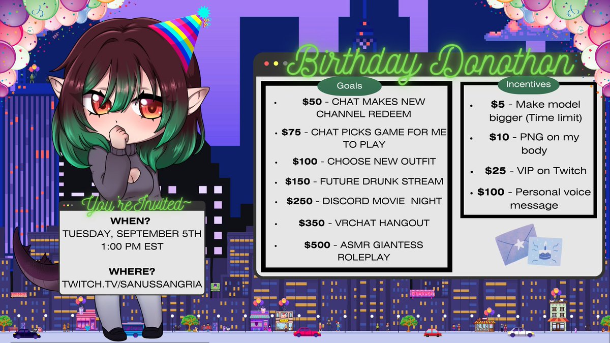 SanusSangria's tweet photo. I wont be streaming this morning BECAUSE I am preparing to stream on Tuesday for my Birthday!! I hope you all can join me for a Birthday Donothon! Starting at 1pm EST and ending 12 hours from there~ we will be playing games and chilling and everything~ https://t.co/uq8DPES21w