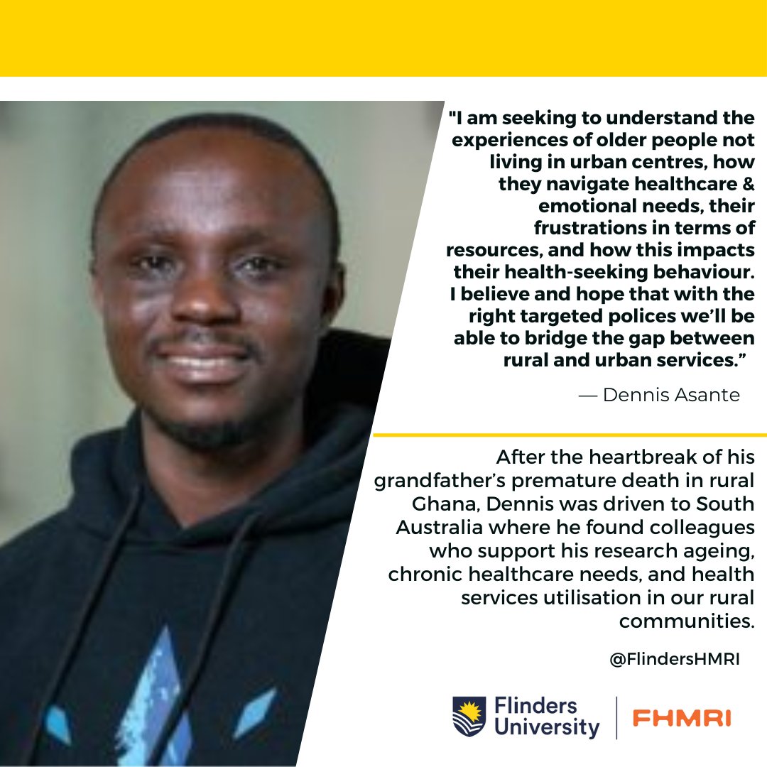 FlindersHMRI's tweet photo. Introducing Dennis Asante, one of our inspiring researchers using personal experience to drive changes in rural and remote health service! Read more about Dennis' incredible story on our blog!
#ruralandremote #research #flindersuniversity #FlindersHMRI #aeging #healthcare https://t.co/kgjeWWsy3s