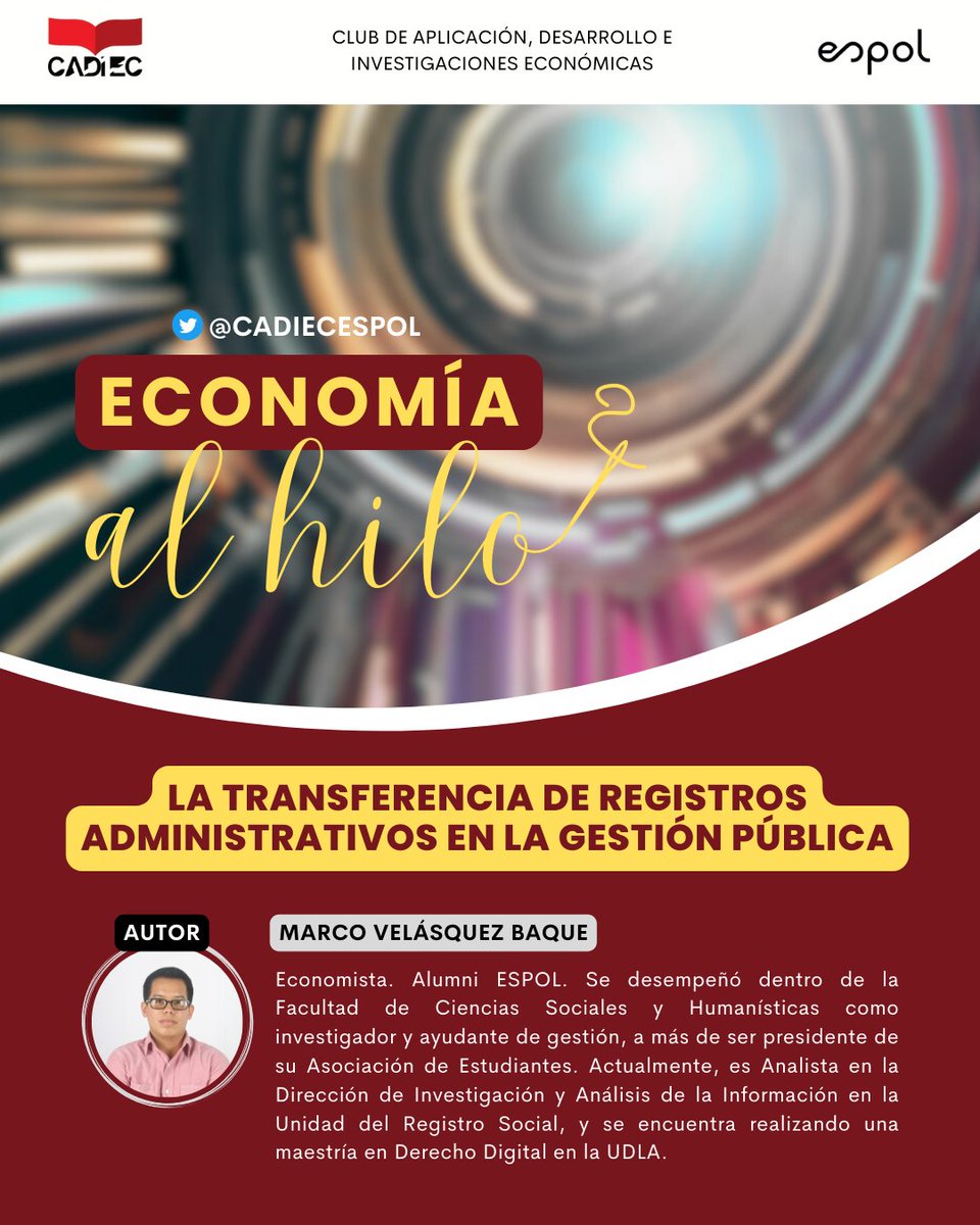 CadiecEspol's tweet photo. ¿Sabías que los Registros Administrativos (RA) son una fuente valiosa de información para la gestión pública? 
En esta edición de #EconomíaAlHilo🧵, @mdvelasq99 te contará cómo se realiza su transferencia en Ecuador y por qué es importante mejorar su eficiencia.

¡Bienvenidos!🎉 https://t.co/miBuTrpKnG