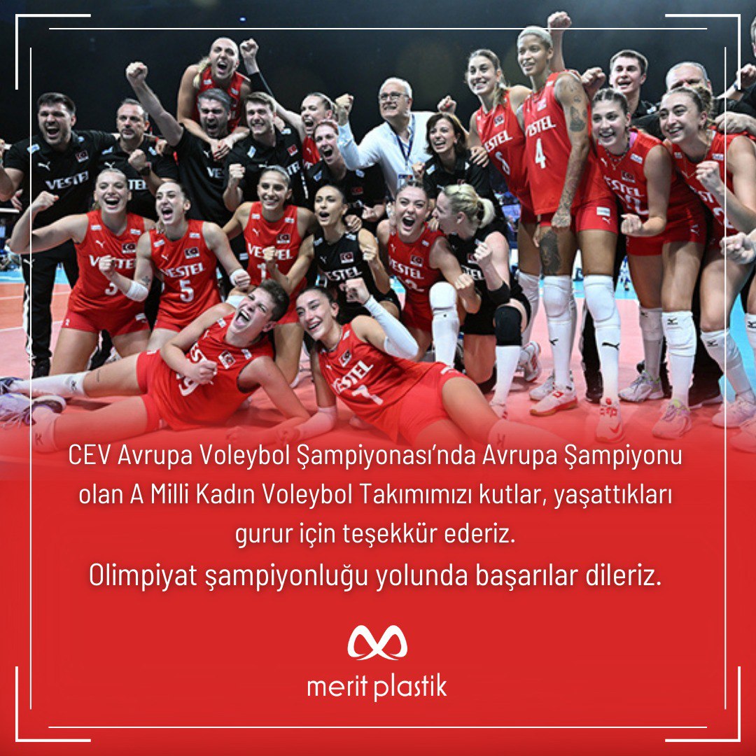 MeritPlastik's tweet photo. CEV Avrupa Voleybol Şampiyonası’nda Avrupa Şampiyonu olan A Milli Kadın Voleybol Takımımızı kutlar, yaşattıkları gurur için teşekkür ederiz. Olimpiyat şampiyonluğu yolunda başarılar dileriz.

#fileninsultanları https://t.co/uxm4iOsJMW