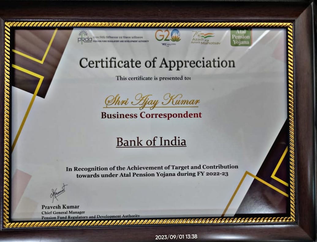 nict_tpl's tweet photo. On dated 1 Sept 2023 NICT BC (Mr. Ajay Kumar) have been Awarded by PFRDA for achieving targets and outstanding contributions (Total 1873 APY in this FY 23-2024) in Atal Pension Yojana in Outreach Programme of BOI

#BankofIndia #boi #APY #awards #Outsanding  #nictian #NICT https://t.co/9HJjIcrIhl