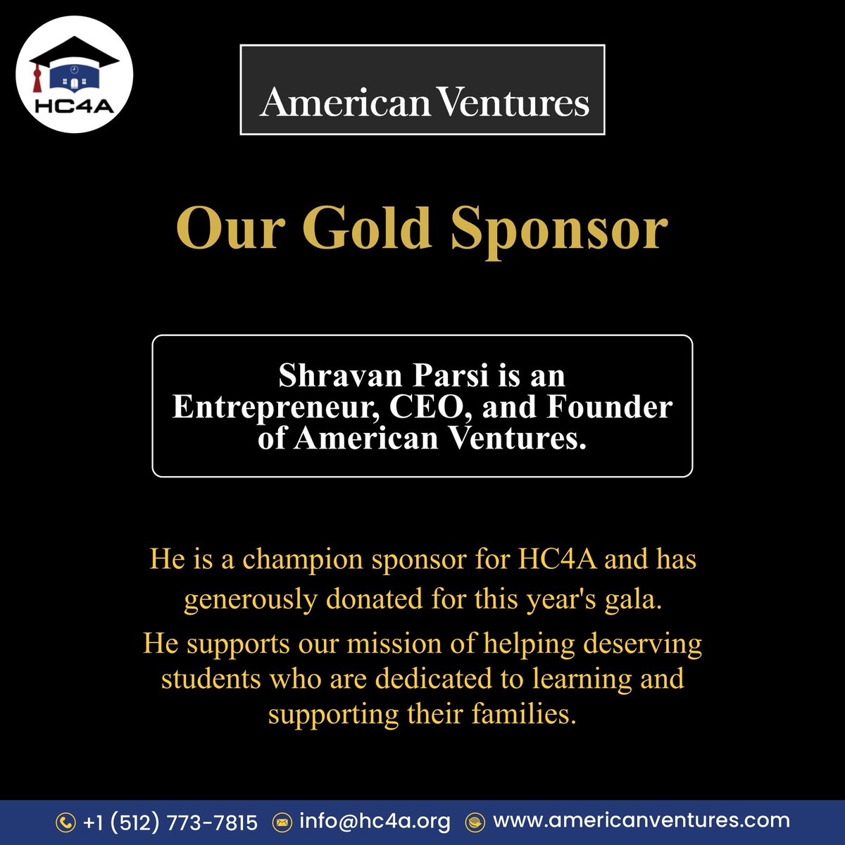 HC4A’s 9th Gala Turns Grand with Our Gold Sponsor "Shravan Parsi"

We want to sincerely thank Mr. Shravan Parsi for his invaluable help with our mission.

For tickets:   secure.givelively.org/event/hindu-ch…
For General donation:   secure.givelively.org/donate/hindu-c…
#galanight #america #hindu