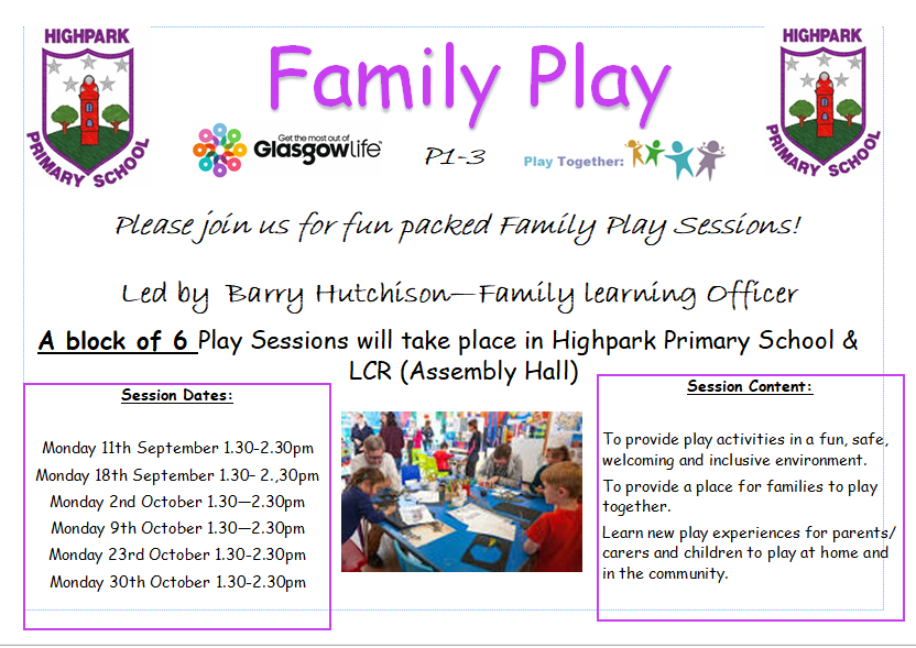 P1-3 families! We are lucky to be able to offer a series of six consecutive Family Play sessions.  If you would like to join your child and learn new play experiences together please contact the school office on 0141 946 7073 .  Places are first come first served. <a href="/FLTGlasgow/">Glasgow Family Learning Team</a>
