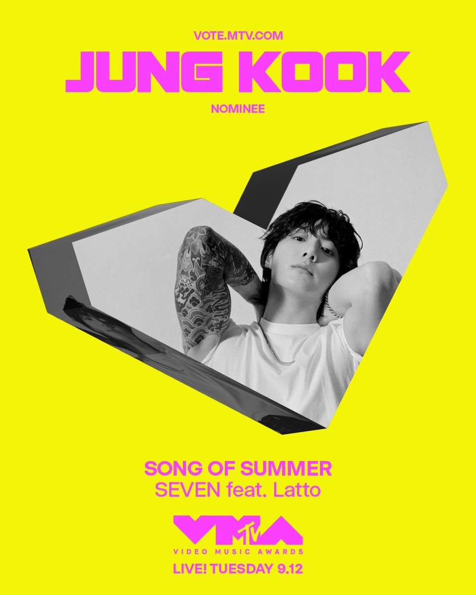 So excited to be nominated for 'Song of Summer' with 'Seven (feat. Latto)' at the 2023 #VMAs! Thank you so much for your love and support, ARMY💜 👉 instagram.com/mtv/ #정국 #JungKook #JungKook_Seven