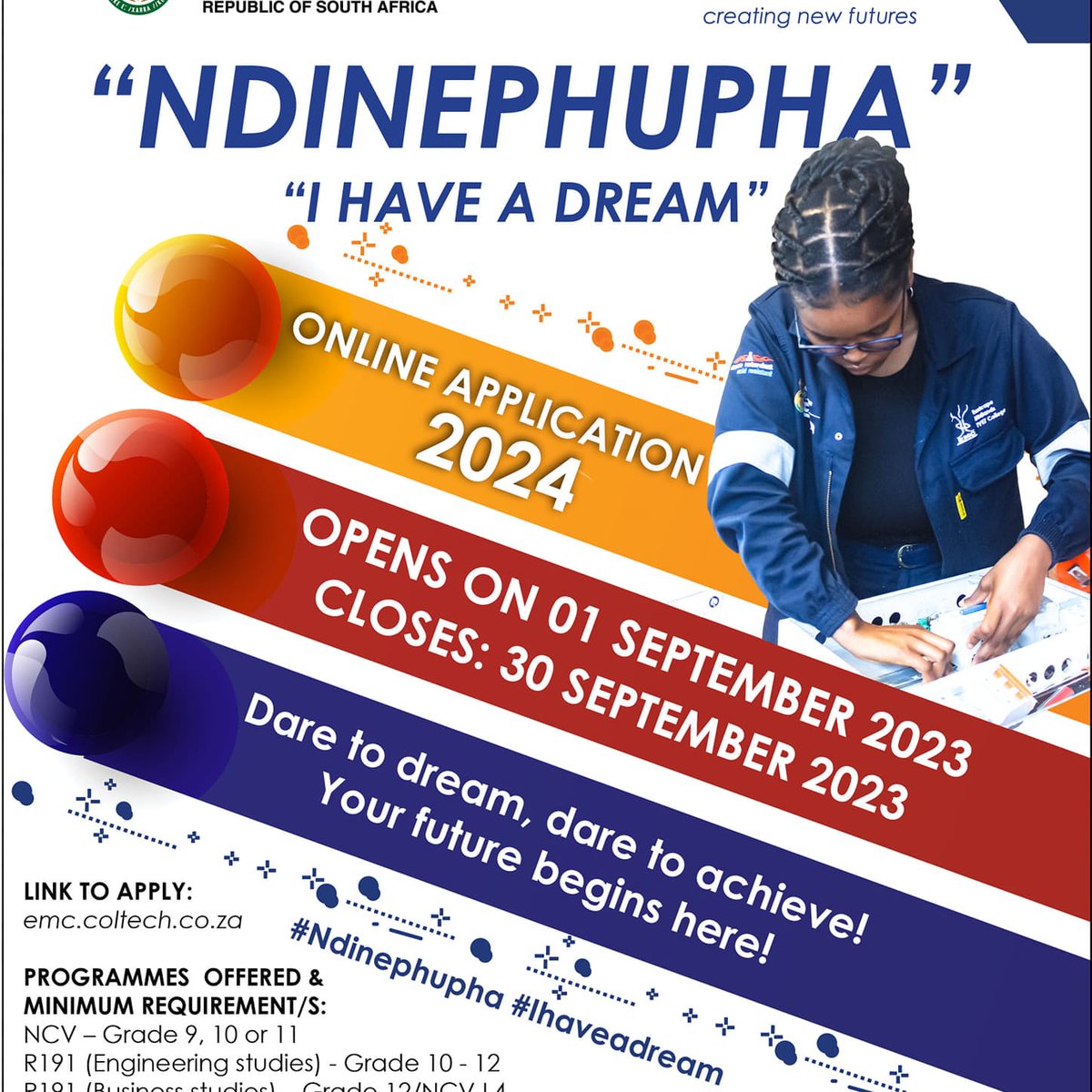 💃Online Application will commence from 1-30 September 2023.
emc.coltech.co.za
#application2024
#Ndinephupha
#ihaveadream
#thefutureisbright
#makeatvetcollegeyourfirstchoice
#tvetcollege