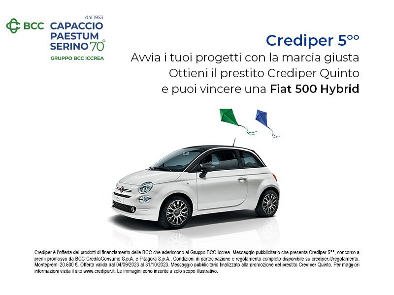 Crediper 5°°
Avvia i tuoi progetti con la marcia giusta: ottieni il prestito Crediper Quinto e puoi vincere una Fiat 500 Hybrid!

Scopri di più: bit.ly/crediper5

#Crediper5°° #Prestito #CessioneDelQuinto
#InPalioUnaFiat500Hybrid