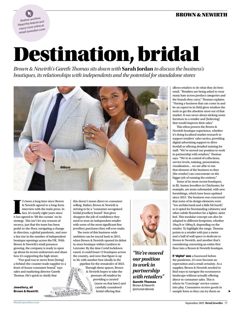 BrownNewirth's tweet photo. We are featured in @retailjeweller September 2023 edition! 💎 Gareth Thomas sits down with Sarah Jordan to about the business’ boutiques, it’s relationship with independents and possibility of establishing standalone stores in the future. https://t.co/u6zcLW63Ip https://t.co/m5y6VwGpD6