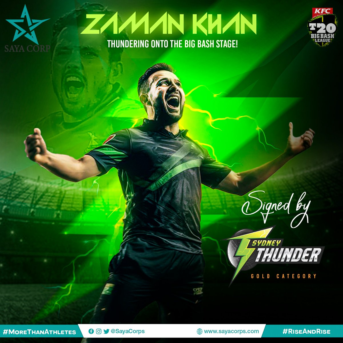 The #RiseAndRise of @ZamanKhanPak sees another overseas T20 League contract ✍🏻 #SayaCorporation thunder pacer gets signed by Sydney Thunders 🙌🏻 We wish you all the luck for your biggest overseas term 🤞🏻 #MoreThanAthletes @TalhaAisham