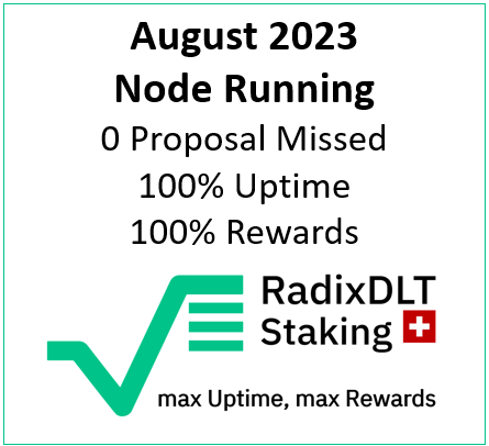 Kesswitz's tweet photo. Another successful month of Node Running is in the books!
✅0 missed Proposal and hence 100% Rewards for our delegators in August!
👉https://t.co/AbMGl2PMle
$XRD $XSE #XSEED #RadixDLTStaking #FullCommitment https://t.co/3JRAsW1k1b