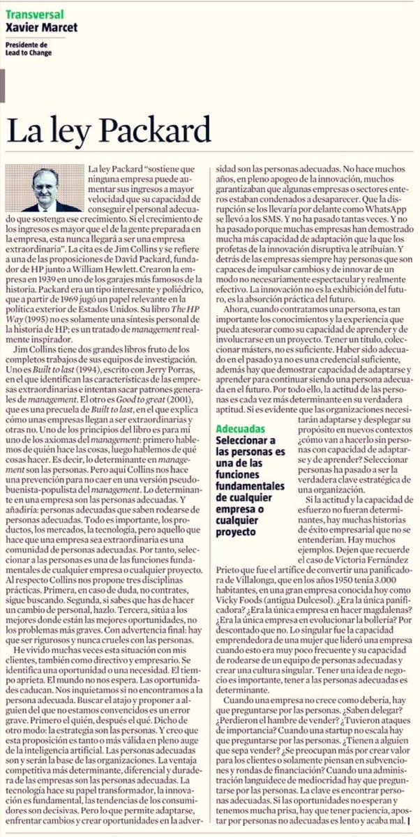 Sin palabras me quedé cuando leí el nuevo artículo de mi querido <a href="/XavierMarcet/">Xavier Marcet</a> al mencionar la historia de nuestra #empresafamiliar como caso de éxito. Tener una idea de negocio es importante, sin embargo tener a las #personas adecuadas es determinante. #FelizLunes