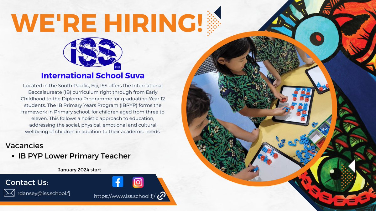 DanseyRenee's tweet photo. We are looking for teachers to come and join #issfj for the start of January 2024. Send your CV today! We are a highly collaborative school located in Fiji, been around for 50 years, 3 classes for each year level and a Ocean Program connected within the #POI. #IBPYP #PYPJobs https://t.co/9OPze2No2q