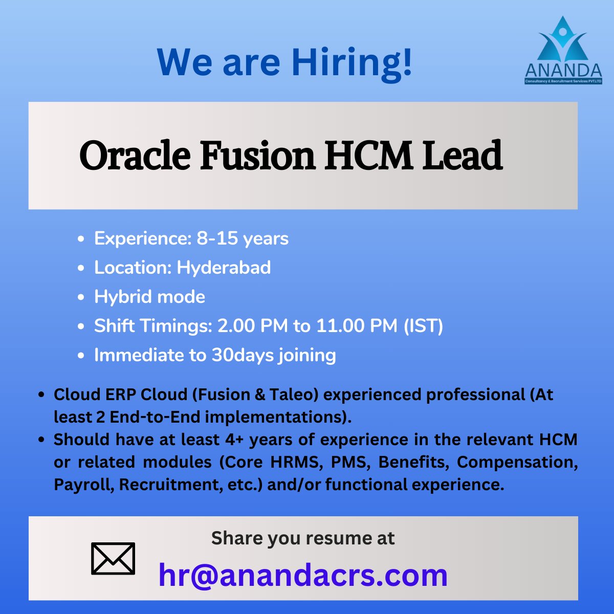 Oracle Fusion HCM Lead

Drop your resume at hr@anandacrs.com

#oraclefusion #oraclefusioncloud #oraclehcm #fusioncloud #oracledeveloper #oraclejobs #oraclehcmcloud #implementation #hcm #hyderabad #hyderabadjobs #hyderabadhiring #hiring #softwaredeveloperjobs #hybrid #softwarejobs