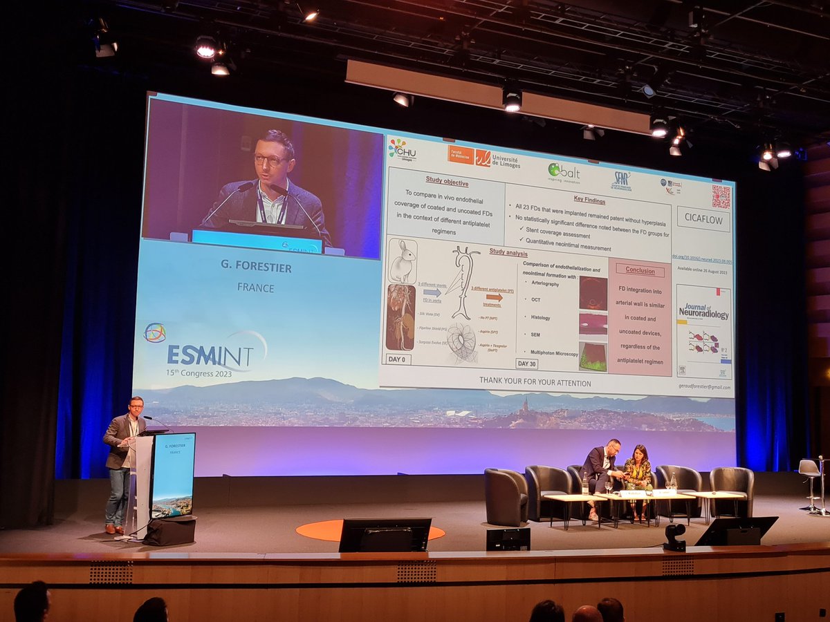 The CICAFLOW study, which compared arterial wall integration across different #FlowDiverters in rabbit models, is presented by @GeraudForestier at #ESMINT2023. Notes that the study is now published in @JNeuroradiology @esmintsociety